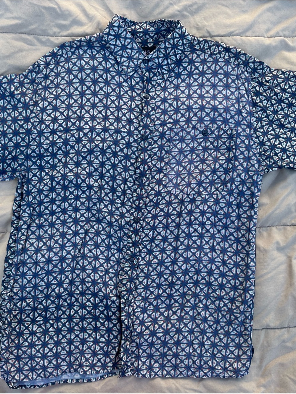 Men's Blue Geometric Short-Sleeve Button-Down Shirt